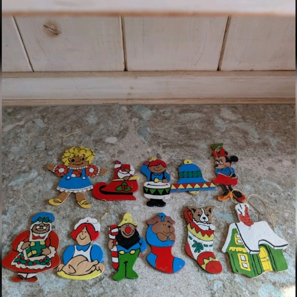 Lot of 11 Vintage 1970s Handpainted Wood Christmas Ornaments Minnie Mouse